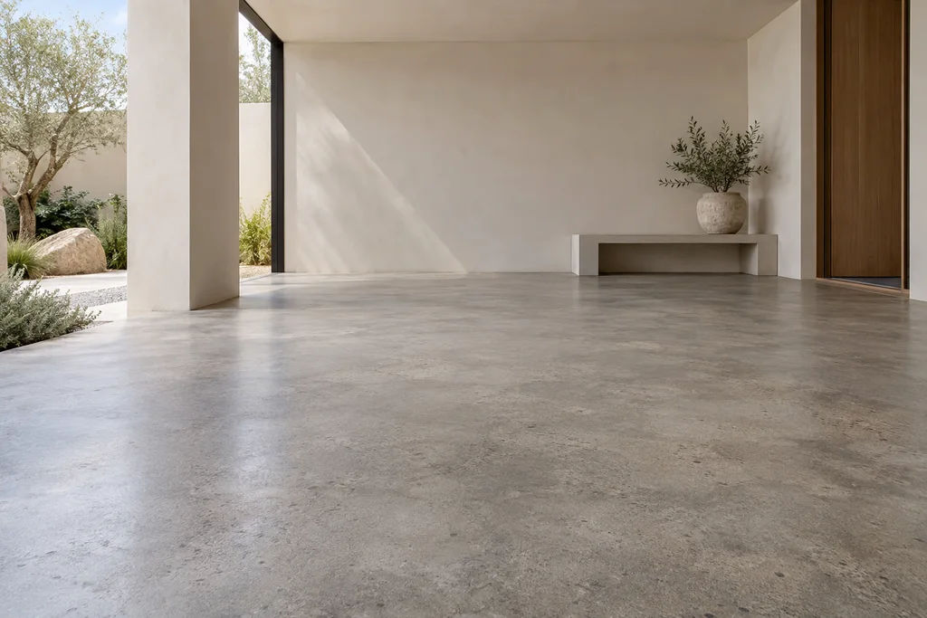 Quiet courtyard with a honed concrete floor